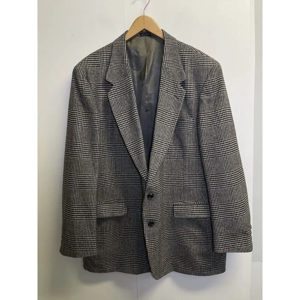 46L Towncraft Suit Jacket Sport Coat Blazer Mens Plaid Glen Check Grey Wool Blen